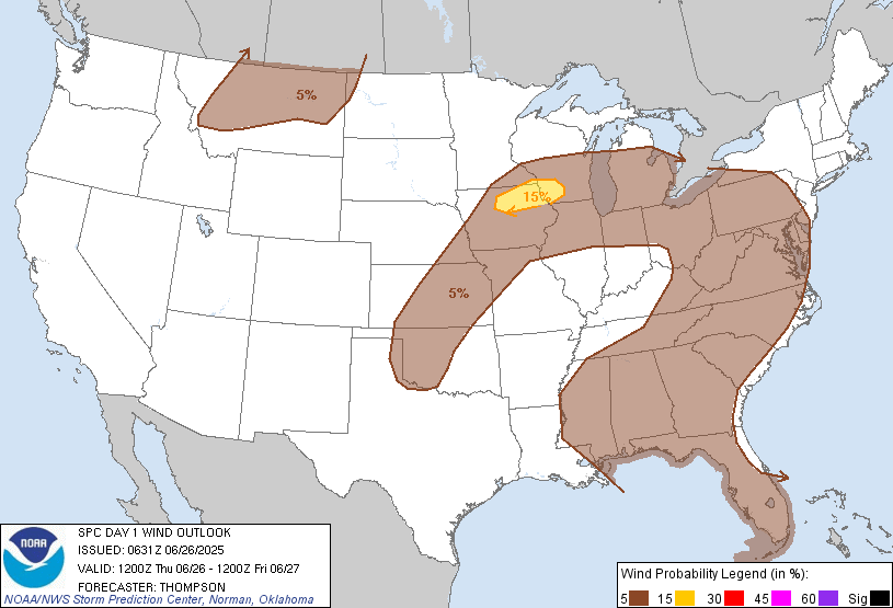 20250626 1200 UTC Day 1 Damaging Wind Probabilities Graphic