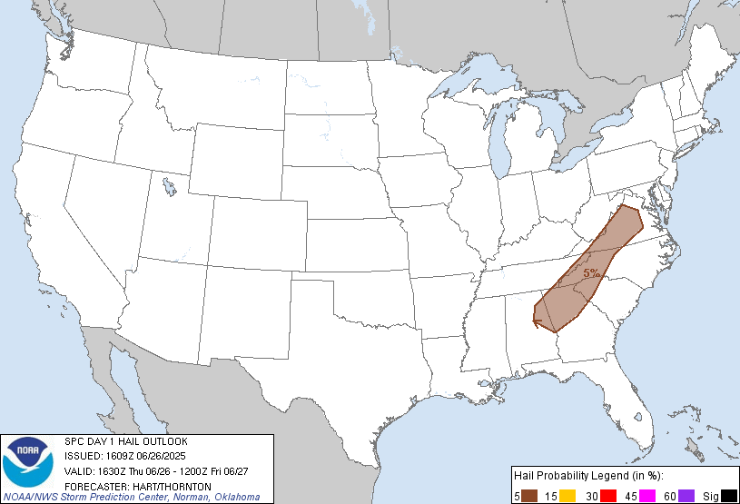 20250626 1630 UTC Day 1 Large Hail Probabilities Graphic