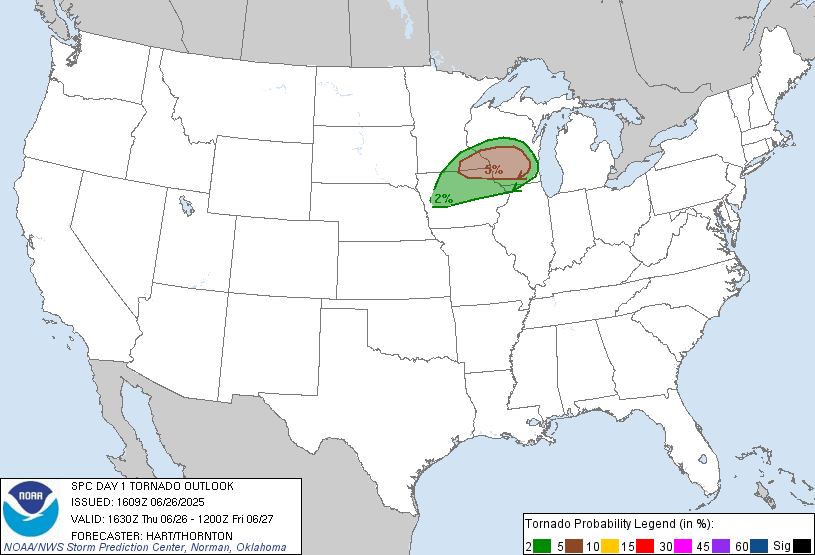 20250626 1630 UTC Day 1 Tornado Probabilities Graphic