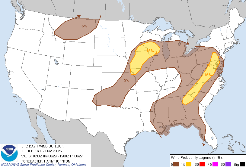 20250626 1630 UTC Day 1 Damaging Wind Probabilities Graphic