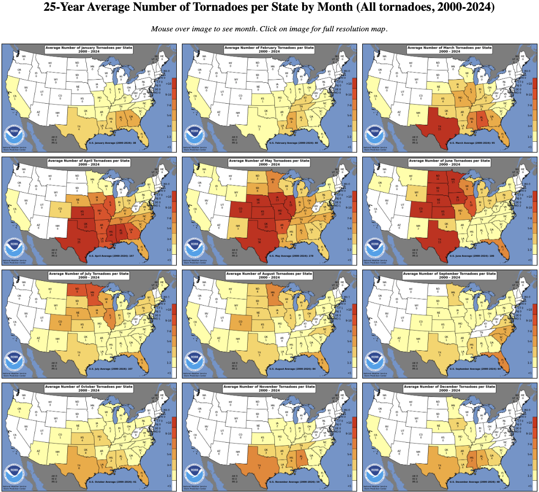 Maps of Average State Tornadoes per Month